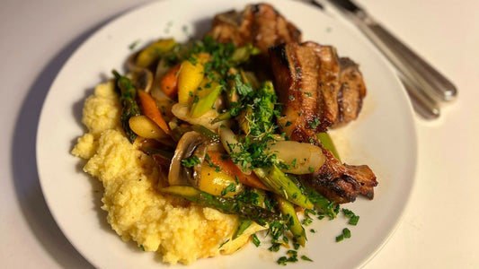 Cheesy Polenta Spring Veg and Lamb