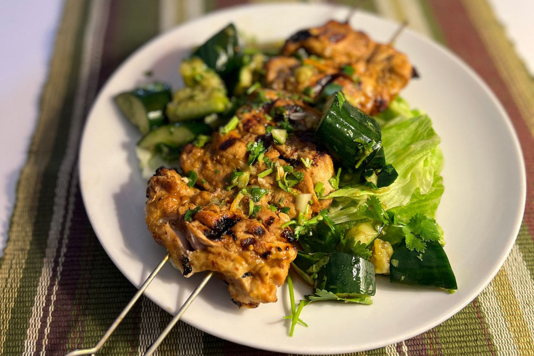 PEANUT CHICKEN SKEWERS, SMASHED CUCUMBER SALAD